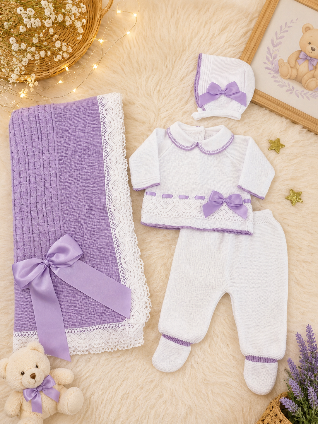 Set DULCE AMOR  Largo enterizo / 0-10 Libras/ Blanco-lazos-franjas lila